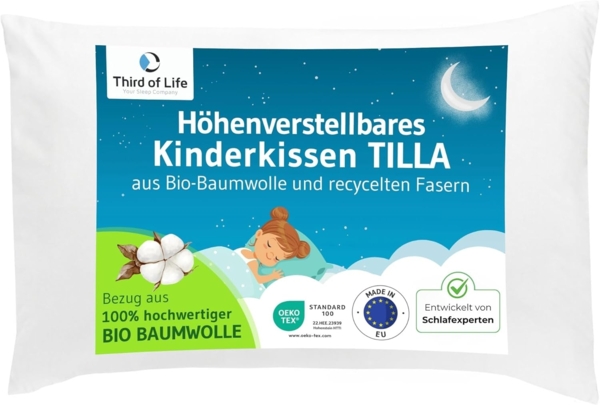 Third of Life Baumwollkissen TILLA Kinderkissen ab 2 Jahren (40×60), Füllung: 100 % recycelte Polyesterfaser (rPET), Bezug: 100 % Baumwolle (Bio), Seitenschläfer, Rückenschläfer, Bauchschläfer, Bio-Baumwolle, höhenverstellbar, atmungsaktiv, allergikerf...