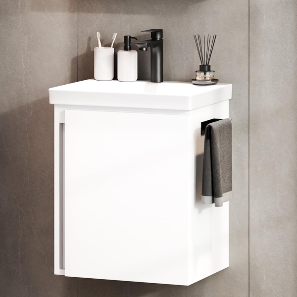 Planetmöbel Waschtischunterschrank 50 cm Weiß mit Armatur Schwarz