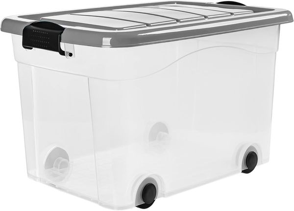 KONZEPT Stapelbox Aufbewahrungsbox 40L mit Deckel & hochwertigen Rollen – bez BPA (3 St), stabilny Verschlüsse, przezroczysty – für Haushalt & Büro