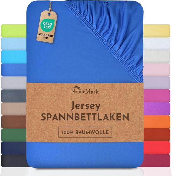 NatureMark Jersey Spannbettlaken, Spannbetttuch 100% Baumwolle in vielen Größen und Farben MARKENQUALITÄT ÖKOTEX Standard 100 | 200x220 cm +40 Steg - royal blau