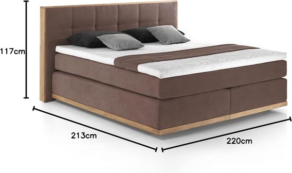 Mivano Levana Boxspringbett mit Sockel aus Eiche, 7-Zonen-Federkern, Matratzen H2 + Topper Basic, Mikrofaser, Braun, Liegefläche 200x200 cm Bild 3