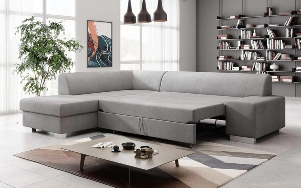 Designer Sofa Pina mit Schlaf- und Klappfunktion Samt Hellgrau Links Bild 5