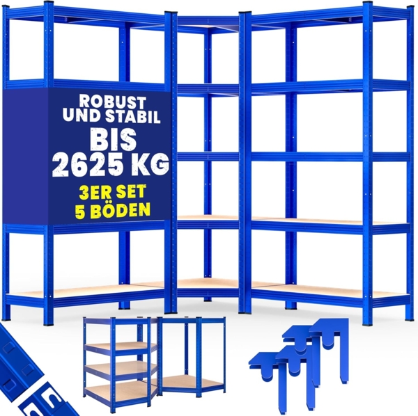 Monzana® 3er Set Schwerlastregal Eckregal 2625 kg 15 MDF-Platten Regal Lagerregal Kellerregal Steckregal Werkstattregal Regalsystem Blau