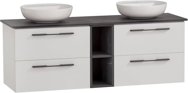Schildmeyer Waschtisch Doppelwaschtisch Maxim 701857, rundes Aufsatzbecken, weiß matt/Marmor Optik