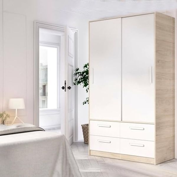 Dmora - Kleiderschrank 2 Türen Barzena, Schlafzimmermöbel, Schrank, Garderobe, 120x60 h204 cm, Weiß und Eiche