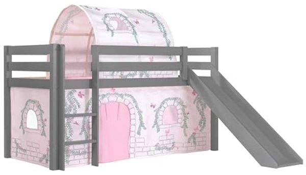 Vipack Spielbett 'Pino' inkl. Rutsche grau, mit Textilset Vorhang und Tunnel 'Birdy'