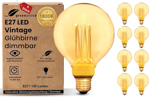greenandco 8x LED Vintage Glühbirne zur Stimmungsbeleuchtung | dimmbar | E27 G95 | gold | 3,5W 120lm | 1800K extra warmweiß | 320° | 230V | flimmerfrei | Edison Glühbirne