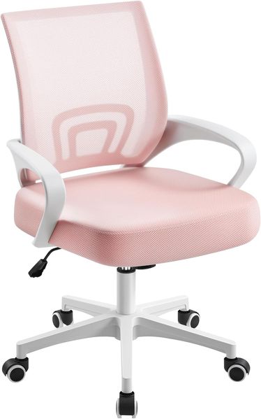 Yaheetech Bürostuhl Ergonomisch, Schreibtischstuhl mit Netzbespannung und Armlehnen, Drehstuhl aus Mesh, Chefsessel Wippfunktion, Höhenverstellbar Rückenschonend bis 136kg Belastbar, Rosa