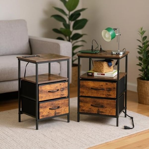FurnitureR 2 Stück Wohnzimmerkonsolen, Beistelltisch mit mehrfarbigen LEDs, 2 AC-Sockel, 2 USB-Anschlüsse für Drawers, 2 Schubladen aus Stoff, industrieller Retro-Stil, Braun, 40 x 30 x 60 cm