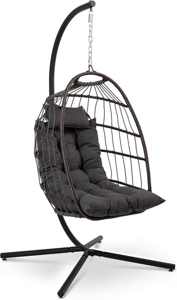 SereneLife Hängesessel mit Gestell – Rattan Hängesessel für Kinder & Erwachsene Wetterfest – Schaukel Outdoor & Indoor bis 250 kg mit Dicke Kissen – Faltbarer Hängestuhl für Balkon & Wohnzimmer