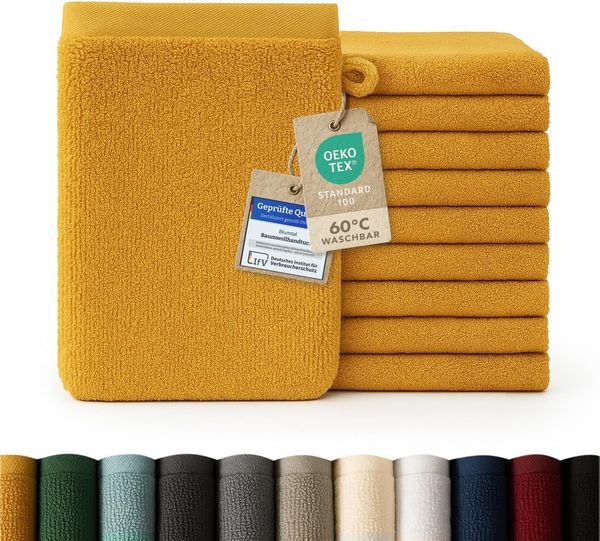 Blumtal Waschhandschuh 10er Set aus Frottee 15x20 cm - weich und saugstark, (Set), mit modischer Bordüre und praktischer Aufhängeschlaufe, 100% Baumwolle