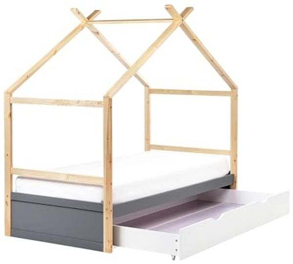 Kinderbett Haus Kiefernholz ORGEVAL 90 x 200 cm mit Stauraum Grau