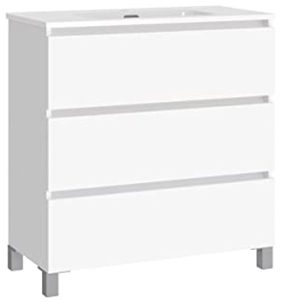 Baikal Badmöbel-Set LESI, bestehend aus Möbel mit Füßen und Keramikwaschbecken, DREI Schubladen, Melamin 16 mm, montiertes Möbelstück, Tiefe 39 cm, 70 cm, Mattweiß