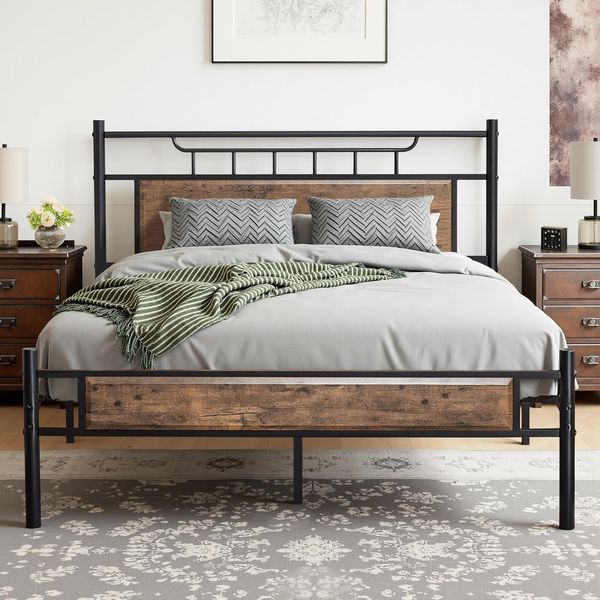 VECELO Bettgestell 140x200 cm, Metallbett mit Dick Holzkopfteil und Lattenrost, Doppelbett mit Stauraum unter dem Bett, perfekt für Schlafzimmer, Braun