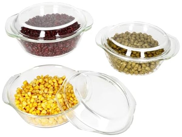 MamboCat Auflaufform 3tlg Set Brat- & Backform 0,7L 1L 1,5L Deckel Auflaufform rund Glas, Glas