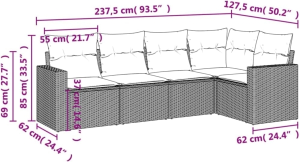 vidaXL 5-tlg. Garten-Sofagarnitur mit Kissen Schwarz Poly Rattan 3251262 Bild 3