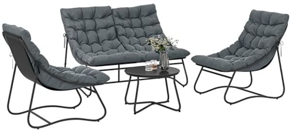 Outsunny Sitzgruppe 4 Personen mit 2er Sofa, Sessel, Beistelltisch, Sitzkissen, (Stahl Gartenmöbel Set 4, 4-tlg, wetterfest Balkonmöbel-Set), für Garten, Terrasse, Balkon, Grau