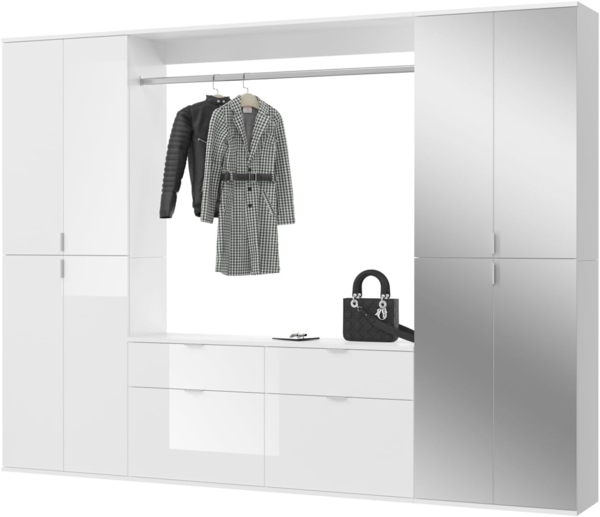Garderobenschrank mit Spiegel SystemX in weiß Hochglanz 243 x 193 cm