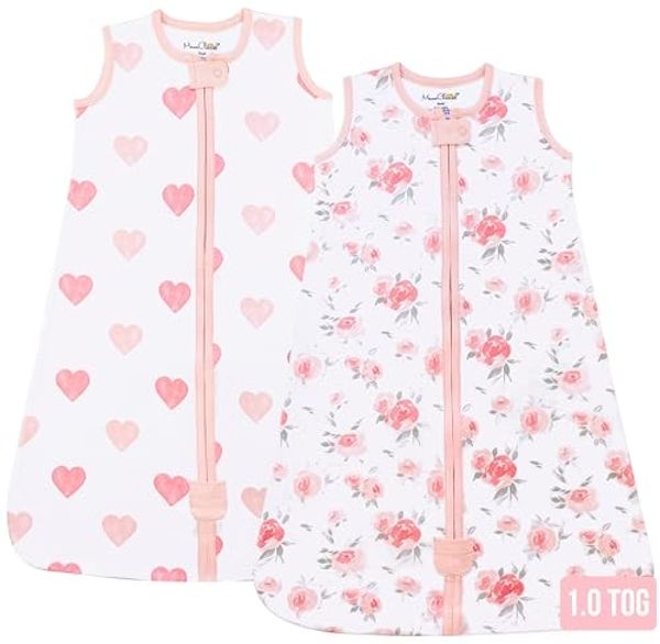 Baby Schlafsack 1.0 TOG, Bio-Baumwolle Baby tragbare Decke mit Zwei-Wege-Reißverschluss, Swaddle Transition, All-Season Schlafsack für Neugeborene Kleinkind Kleinkind Junge Mädchen, 2-Pack, 0-6 Monat