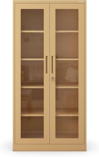 Jan Nowak Metallschrank mit Glasvitrine Aktenschrank Büroschrank Aufbewahrungsschrank 4 verstellbare Fachböden Sicherheitszylinderschloss Pulverbeschichtung 185 x 90 x 40 cm (Beige)