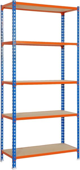 Simon Rack Schwerlastregal, 2000 x 1200 x 500 mm, Bis 200 kg Belastbar, 5 Verstellbare Ablagen, MDF-Platten, Kellerregal, Lagerregal, Blau/Orange/Holz - Maderclick
