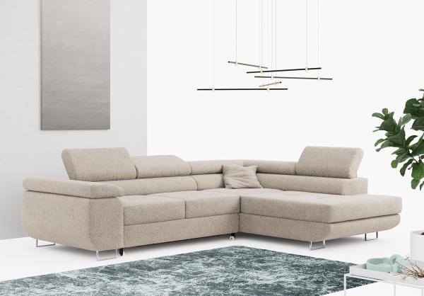 Ecksofa L-Form Couch mit Schlaffunktion und Verstellbare Kopfstützen - GUSTAW - Creme Boucle - Rechts