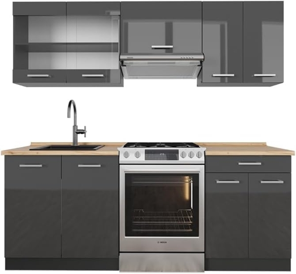 Küchenzeile R-Line Anthrazit Hochglanz/Anthrazit 200 cm ohne Arbeitsplatte Vicco