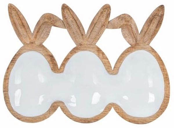 Levandeo® Dekoschale, Deko Schale L26cm Ostereier Hasenohren Mangoholz Natur Weiß