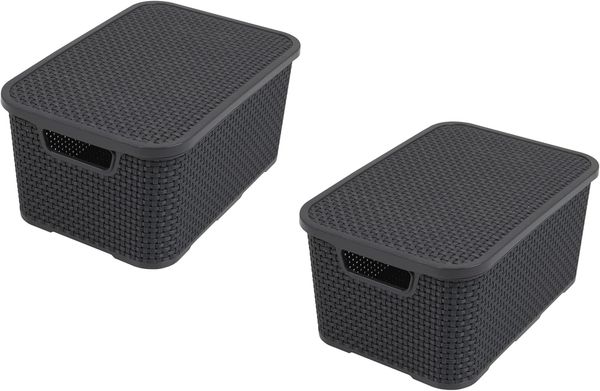 BranQ - Home essential Deckel Korb in Rattan Design 2er Set Grösse M 10l, Kunststoff PP, Anthrazit, 10 l