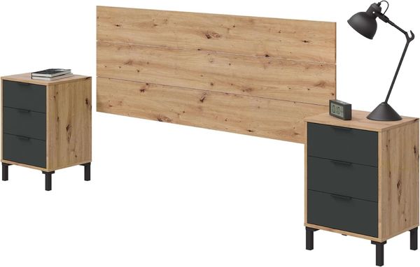 Habitdesign, modernes Kopfteil mit 2 Nachttischen und 6 Schubladen für Doppelbett, Schlafzimmer-Set in Eiche Nodi & Anthrazit, viel Stauraum, Maße: 240 x 74 x 33 cm (B x H x T), Modell Enzo