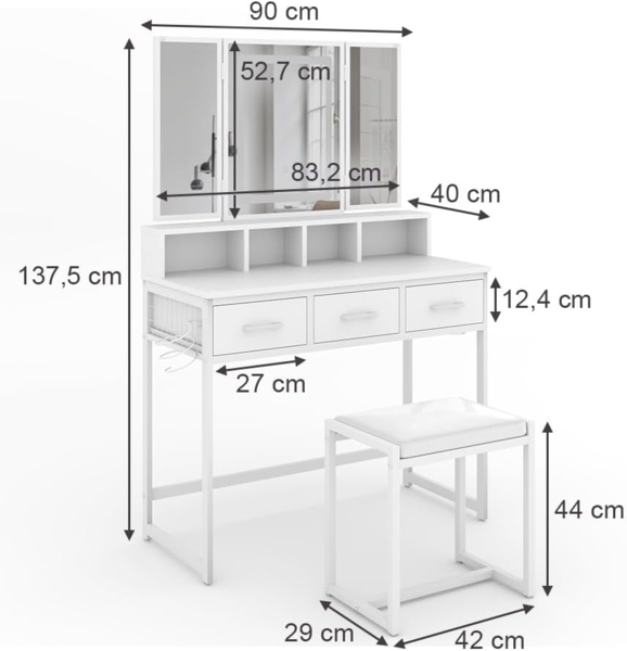 Schminktisch Mavida Weiß 90 cm mit LED-Spiegel und Hocker Vicco Bild 2