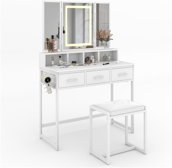 Schminktisch Mavida Weiß 90 cm mit LED-Spiegel und Hocker Vicco Bild 6