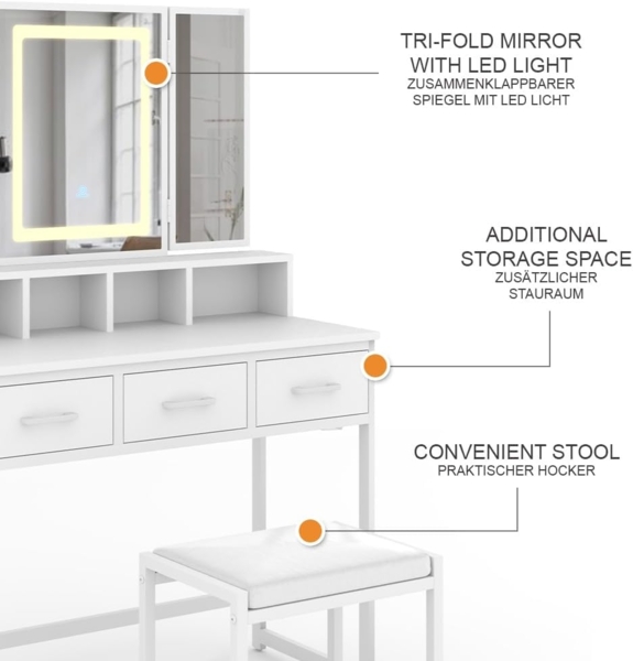 Schminktisch Mavida Weiß 90 cm mit LED-Spiegel und Hocker Vicco Bild 8