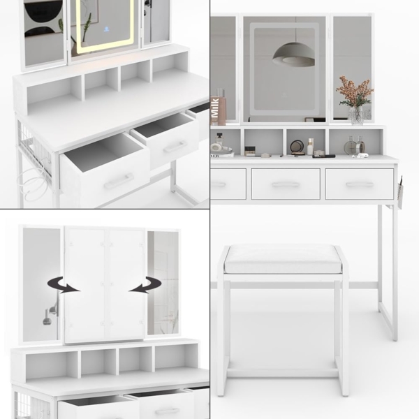 Schminktisch Mavida Weiß 90 cm mit LED-Spiegel und Hocker Vicco Bild 5