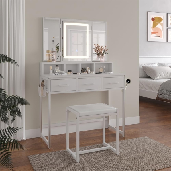 Schminktisch Mavida Weiß 90 cm mit LED-Spiegel und Hocker Vicco Bild 1