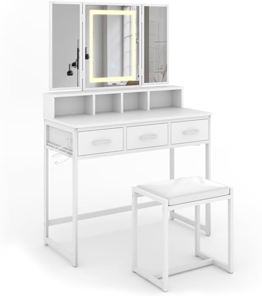 Schminktisch Mavida Weiß 90 cm mit LED-Spiegel und Hocker Vicco Bild 3