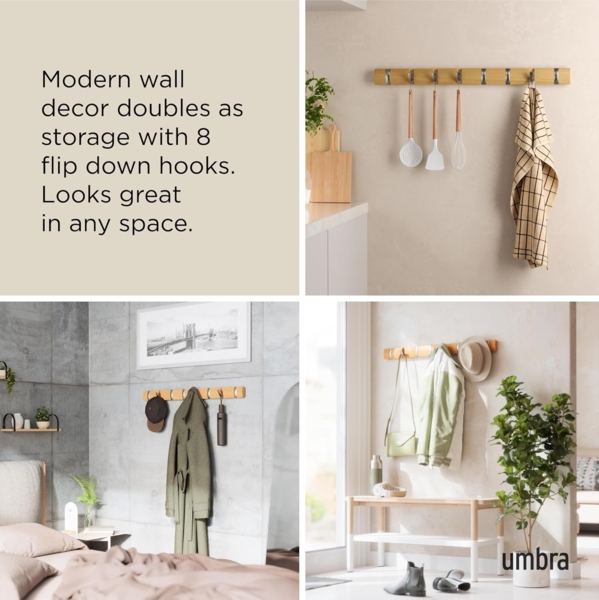 Umbra Flip 8 Garderobenhaken – Moderne, Schlichte und Platzsparende Garderobenleiste mit 8 Beweglichen Haken für Jacken, Mäntel, Schals, Handtaschen und Mehr, Natur Bild 4