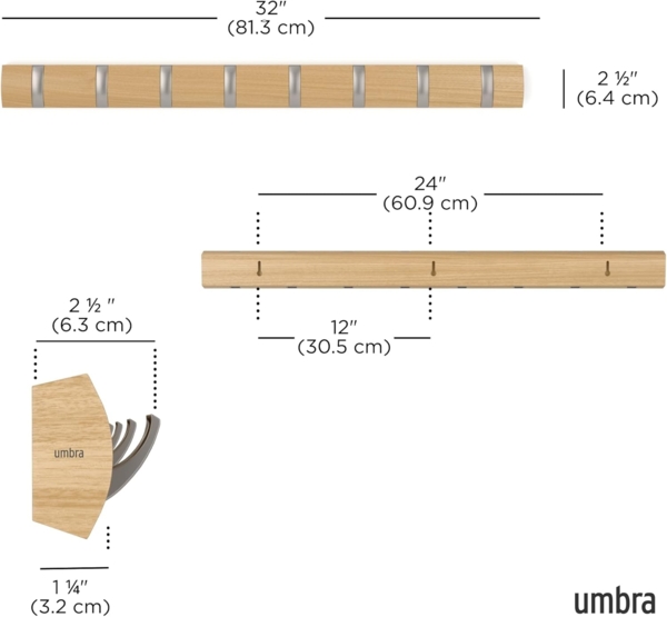 Umbra Flip 8 Garderobenhaken – Moderne, Schlichte und Platzsparende Garderobenleiste mit 8 Beweglichen Haken für Jacken, Mäntel, Schals, Handtaschen und Mehr, Natur Bild 3