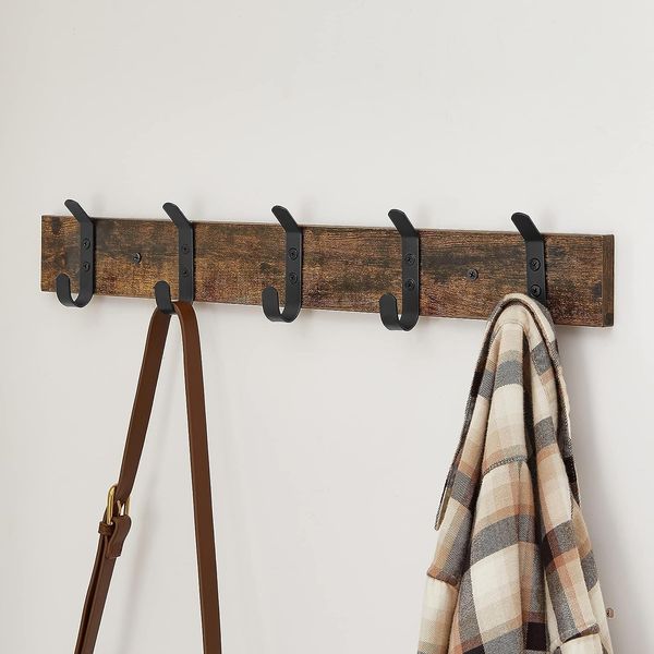 ACAZA Holz Wandgarderobe mit 5 Haken - Kompakte Wandgarderobe - Industriestil - Vintage Braun / Schwarz