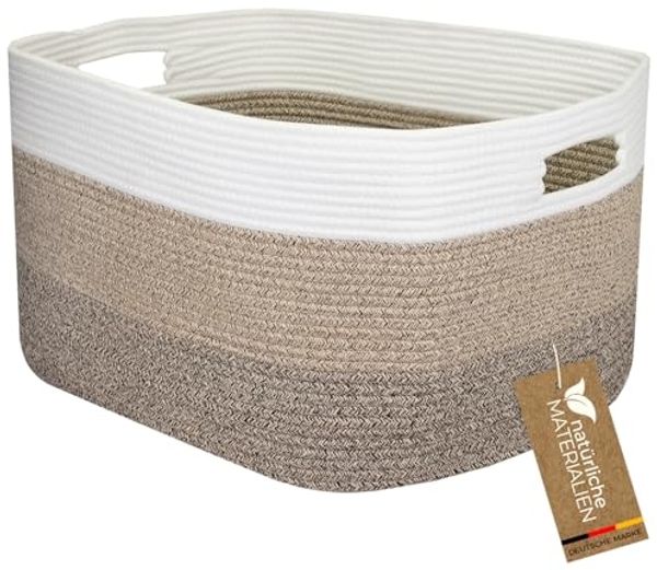 HMF Aufbewahrungskorb XXL Wäschekorb aus Baumwolle, 71 Liter, rechteckiger Aufbewahrungskorb mit Griffen, 55 x 43 x 30 cm Weiß-Braun