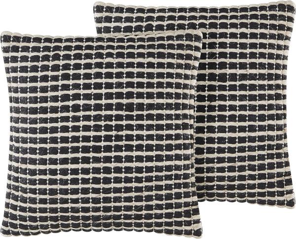 Kissen 2er Set YONCALI Bouclé 45x45 cm Kariert Schwarz