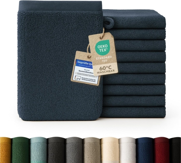 Blumtal Waschhandschuh 10er Set aus Frottee 15x20 cm - weich und saugstark, (Set), mit modischer Bordüre und praktischer Aufhängeschlaufe, 100% Baumwolle