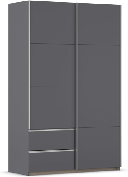 Rauch Möbel Stoke, Schwebetürenschrank, Kleiderschrank, Schrank, Garderobe, 2-türig, 2 Schubladen, Farbe Grau metallic, Schwarz, Griffleisten Alufarben, 131 x 210 x 59 cm