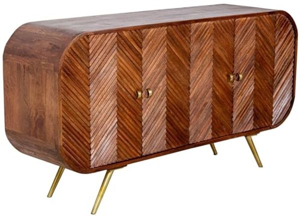 DRW Sideboard mit 4 Holztüren und Metallbeinen in Natur und Gold, 152 x 42 x 81 cm