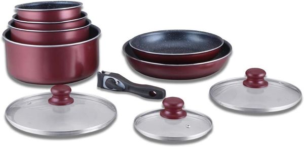 Herzberg HG-5000: 10-Teiliges Kochgeschirrset Mit Marmorbeschichtung Burgund