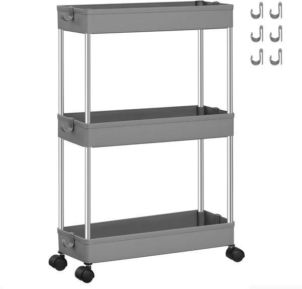 Songmics Rollwagen, Küchenwagen mit 3 Ebenen, Küchenregal, Nischenregal auf Rollen, schmal, Badregal, platzsparend, für Badezimmer, Küche, Cutout-Design, 40 x 13,5 x 60 cm, grau KSC007G01
