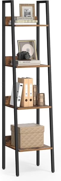 Vasagle Bücherregal, Leiterregal, offen, mit 4 Ebenen, Metallgestell, für Wohnzimmer, Schlafzimmer, Küche, Arbeitszimmer, Büro, Industrie-Design, vintagebraun-schwarz LLS108B01