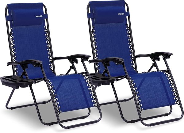 SereneLife Gartenliege Wetterfest, Sonnenliege Klappbar & Verstellbar als Liege, Sonnenstuhl als Gartenbett, Deckchair 2er Set Dunkelblau, Klappliegestuhl mit Seitentisch, Kopfkissen & Getränkehalter