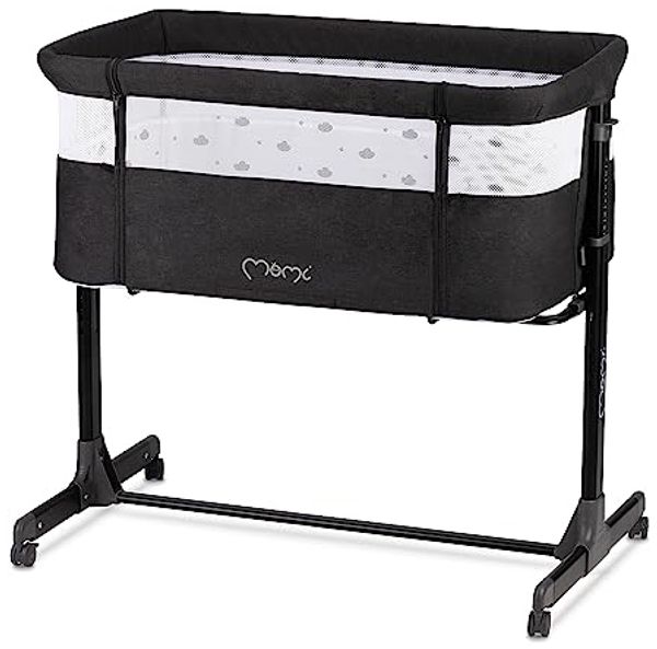 Momi REVO Multifunktions-Beistell- und Kinderbett, 6-stufig höhenverstellbar von 72 bis zu 82 cm, mit Rollen, inkl. Matratze, Befestigungsgurte, Insektenschutz und Bügel mit Spielzeugen