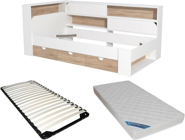 Vente-unique - Bett 90 x 190 cm mit Stauraum - Farbe: Weiß und natürlich + Lattenrost + Matratze - TAMADU